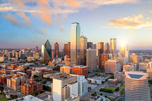 A view of the city skyline from above.